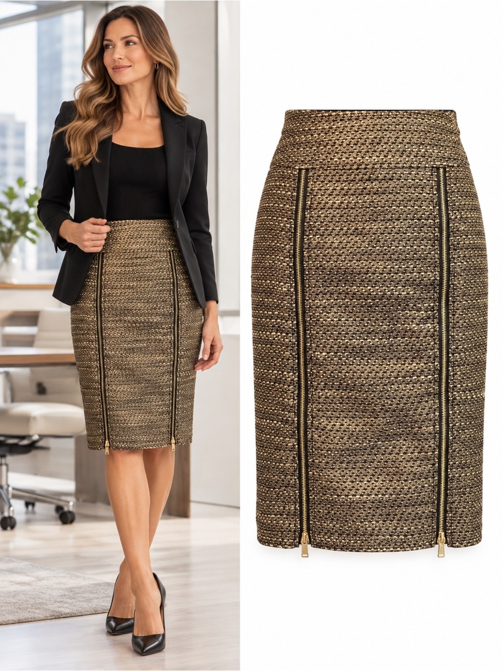 Etcetera Gold Bronze Metallic Wool Blend Pencil Skirt Exposed Zippers Size 8